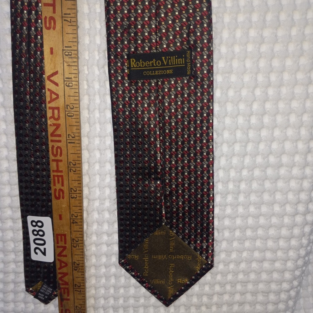 Roberto Villini Couture Men Black Red Silver Diamond Woven Silk Tie Handmade - Picture 3 of 8